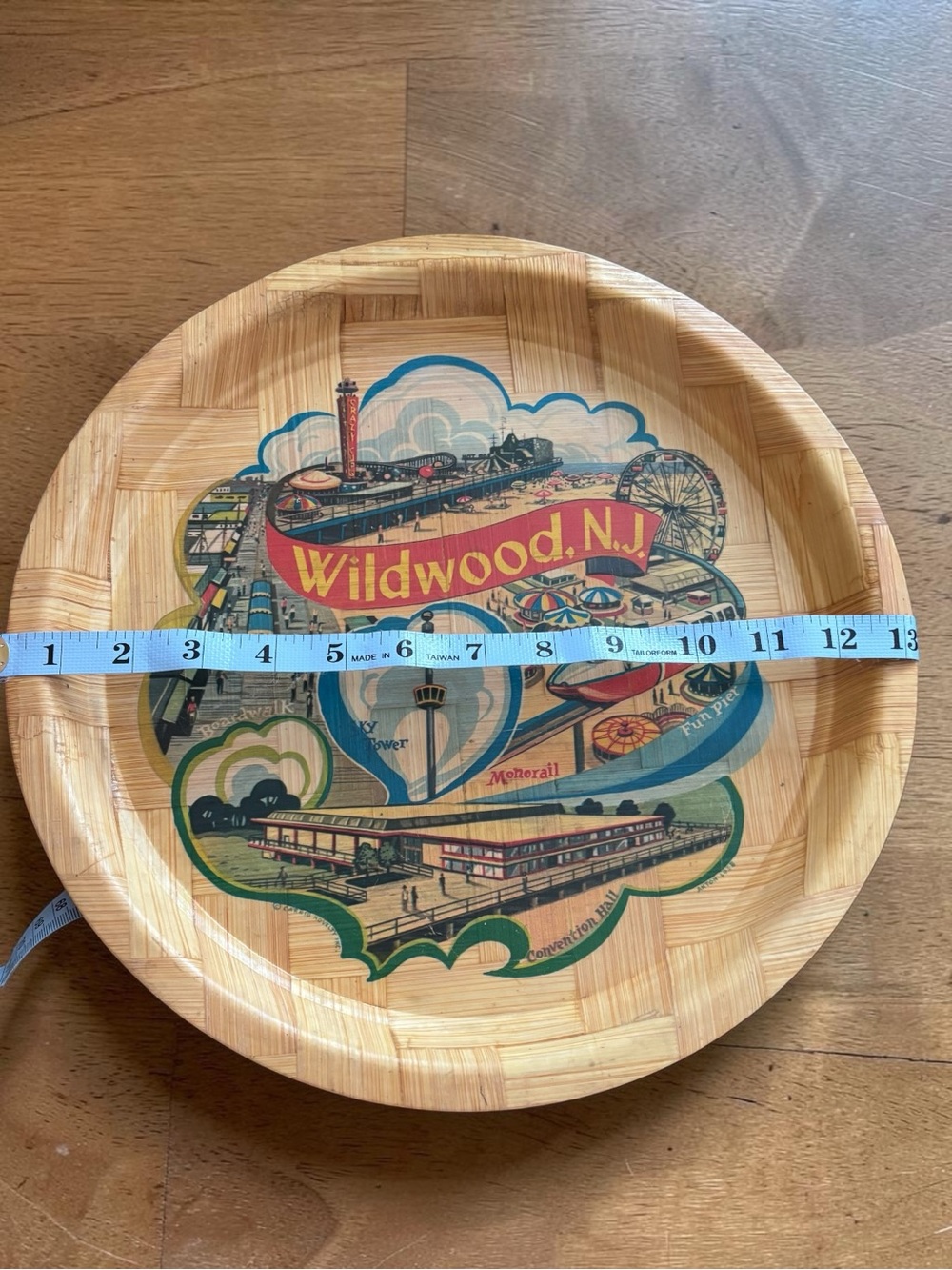 Vintage Wildwood NJ Bamboo Souvenir Tray 13” Boardwalk Monorail Coastal Decor